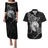 French Polynesia Manta Ray Tattoo Couples Matching Puletasi and Hawaiian Shirt Tahiti Hahalua Turtle Shark Black Color