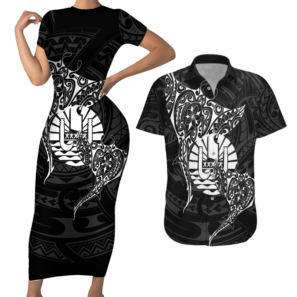 French Polynesia Manta Ray Tattoo Couples Matching Short Sleeve Bodycon Dress and Hawaiian Shirt Tahiti Hahalua Turtle Shark Black Color LT14 Black - Polynesian Pride