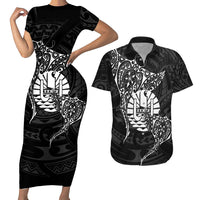 French Polynesia Manta Ray Tattoo Couples Matching Short Sleeve Bodycon Dress and Hawaiian Shirt Tahiti Hahalua Turtle Shark Black Color LT14 Black - Polynesian Pride