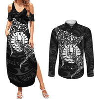 French Polynesia Manta Ray Tattoo Couples Matching Summer Maxi Dress and Long Sleeve Button Shirt Tahiti Hahalua Turtle Shark Black Color