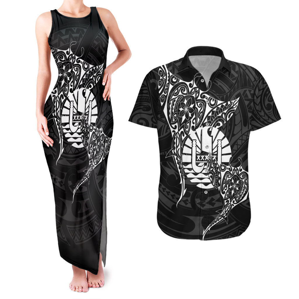 French Polynesia Manta Ray Tattoo Couples Matching Tank Maxi Dress and Hawaiian Shirt Tahiti Hahalua Turtle Shark Black Color LT14 Black - Polynesian Pride