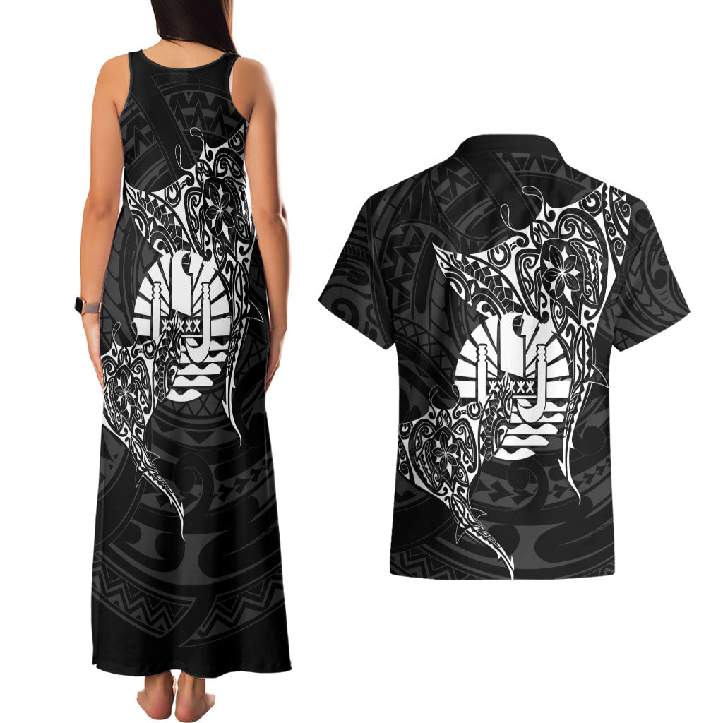 French Polynesia Manta Ray Tattoo Couples Matching Tank Maxi Dress and Hawaiian Shirt Tahiti Hahalua Turtle Shark Black Color LT14 - Polynesian Pride
