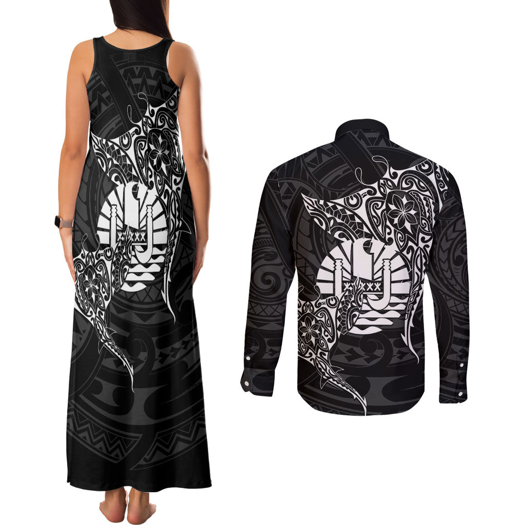 French Polynesia Manta Ray Tattoo Couples Matching Tank Maxi Dress and Long Sleeve Button Shirt Tahiti Hahalua Turtle Shark Black Color