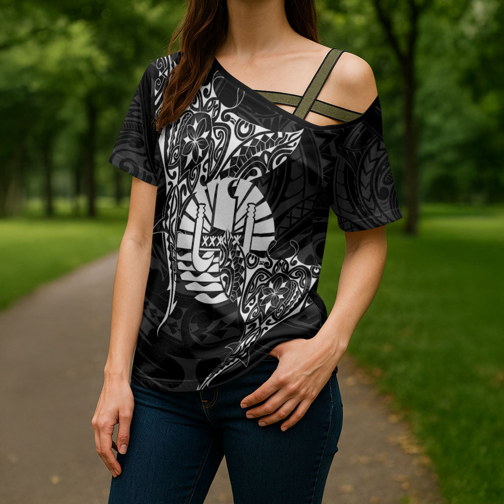 French Polynesia Manta Ray Tattoo Cross Shoulder Shirt Tahiti Hahalua Turtle Shark Black Color