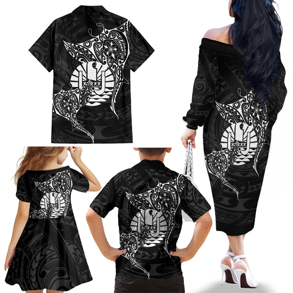 French Polynesia Manta Ray Tattoo Family Matching Off The Shoulder Long Sleeve Dress and Hawaiian Shirt Tahiti Hahalua Turtle Shark Black Color LT14 - Polynesian Pride