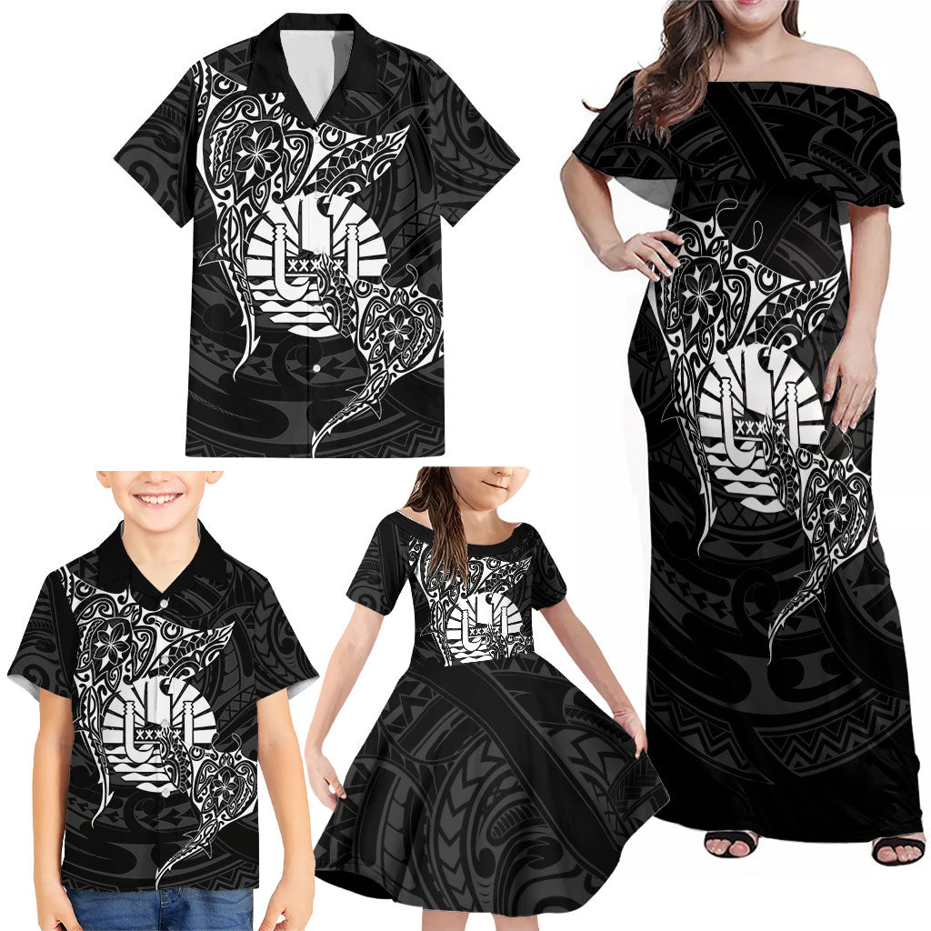 French Polynesia Manta Ray Tattoo Family Matching Off Shoulder Maxi Dress and Hawaiian Shirt Tahiti Hahalua Turtle Shark Black Color LT14 - Polynesian Pride