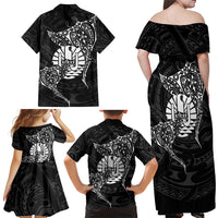 French Polynesia Manta Ray Tattoo Family Matching Off Shoulder Maxi Dress and Hawaiian Shirt Tahiti Hahalua Turtle Shark Black Color LT14 - Polynesian Pride
