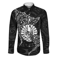French Polynesia Manta Ray Tattoo Family Matching Off Shoulder Maxi Dress and Hawaiian Shirt Tahiti Hahalua Turtle Shark Black Color LT14 Dad's Shirt - Long Sleeve Black - Polynesian Pride