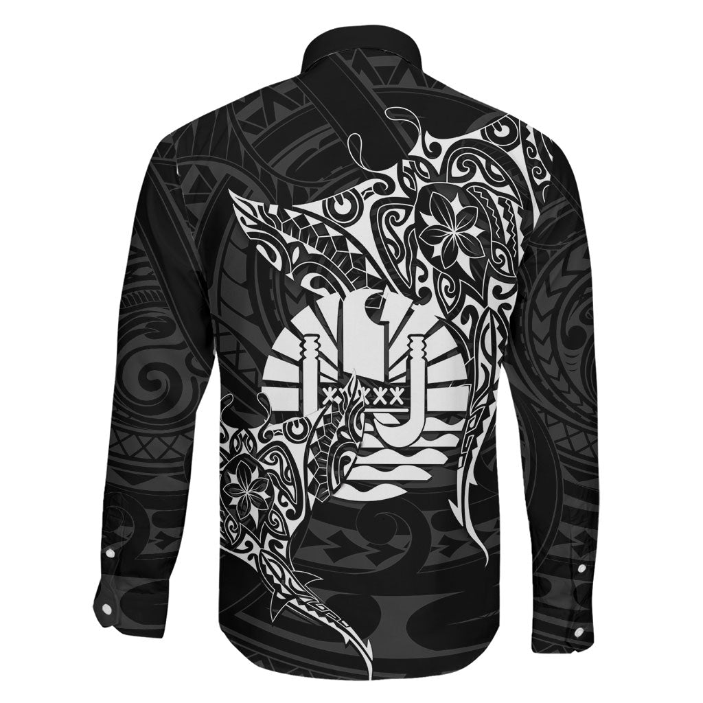 French Polynesia Manta Ray Tattoo Family Matching Off Shoulder Short Dress and Hawaiian Shirt Tahiti Hahalua Turtle Shark Black Color LT14 - Polynesian Pride