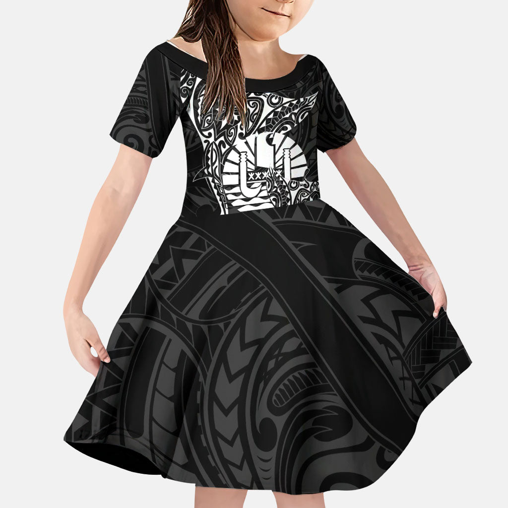French Polynesia Manta Ray Tattoo Family Matching Puletasi and Hawaiian Shirt Tahiti Hahalua Turtle Shark Black Color LT14 Daughter's Dress Black - Polynesian Pride