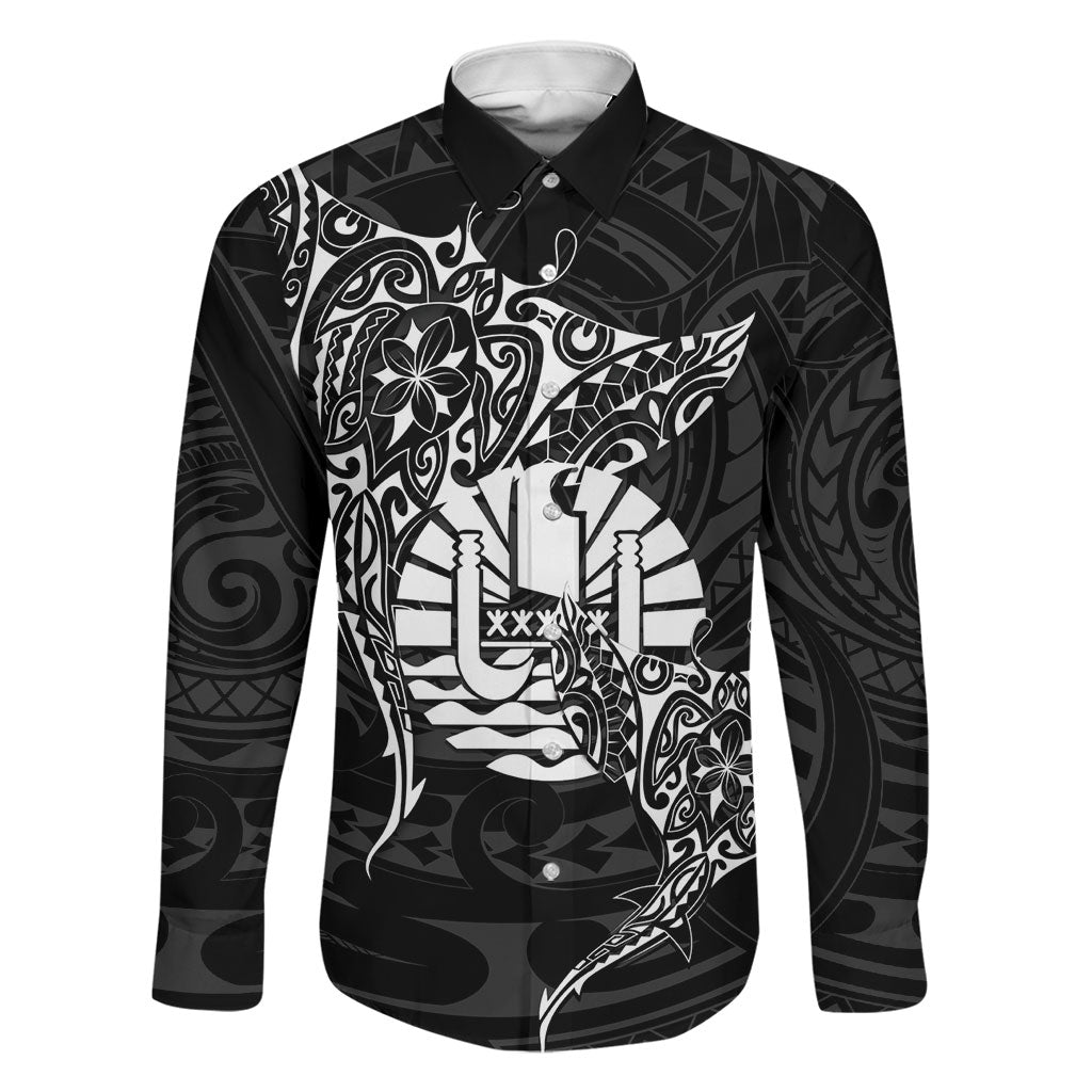 French Polynesia Manta Ray Tattoo Family Matching Puletasi and Hawaiian Shirt Tahiti Hahalua Turtle Shark Black Color LT14 Dad's Shirt - Long Sleeve Black - Polynesian Pride