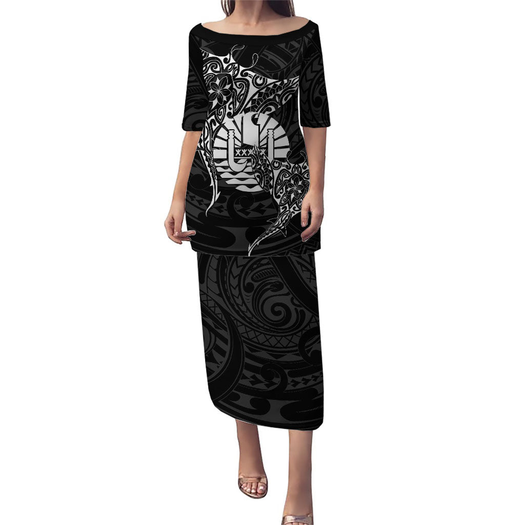 French Polynesia Manta Ray Tattoo Family Matching Puletasi and Hawaiian Shirt Tahiti Hahalua Turtle Shark Black Color LT14 Mom's Dress Black - Polynesian Pride