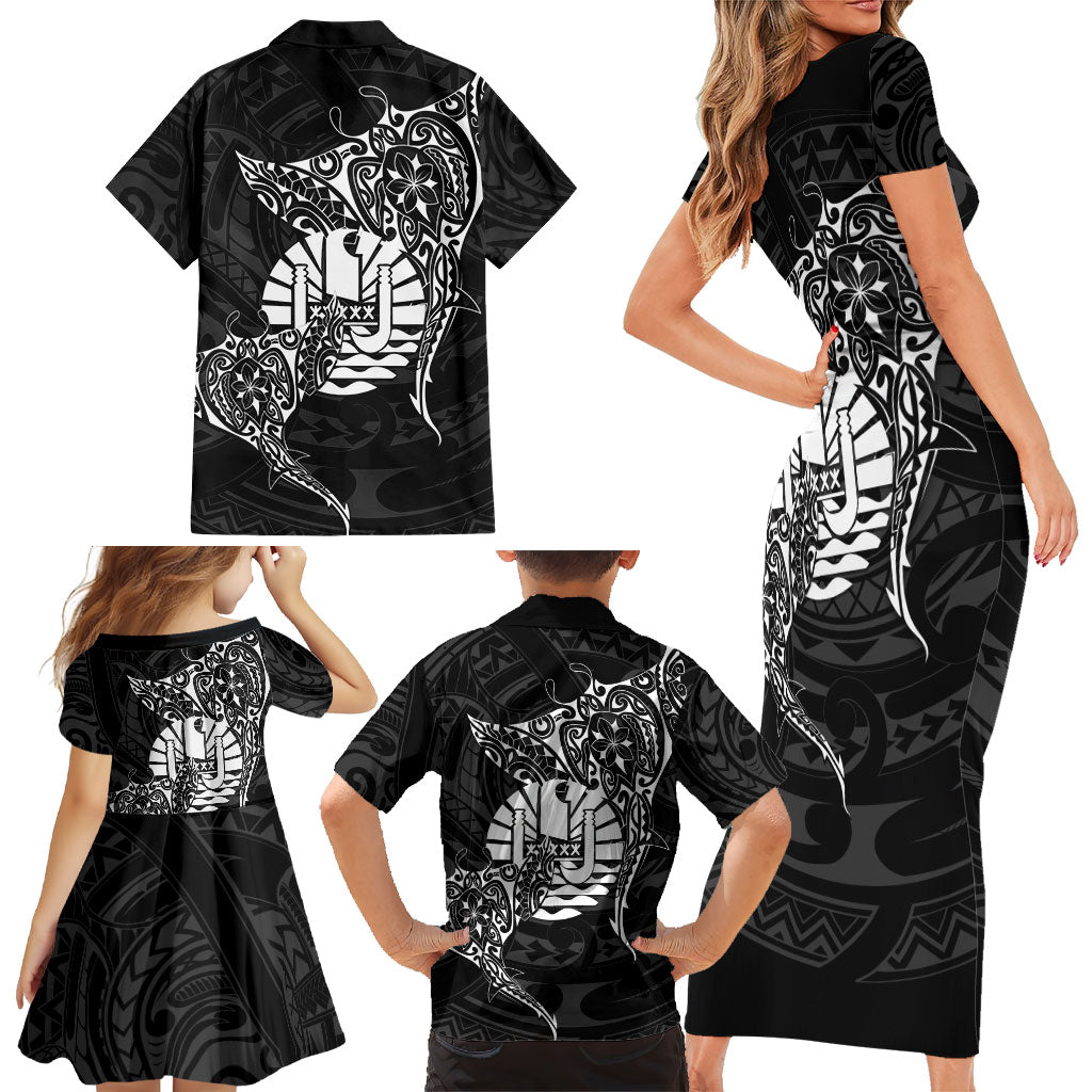 French Polynesia Manta Ray Tattoo Family Matching Short Sleeve Bodycon Dress and Hawaiian Shirt Tahiti Hahalua Turtle Shark Black Color LT14 - Polynesian Pride