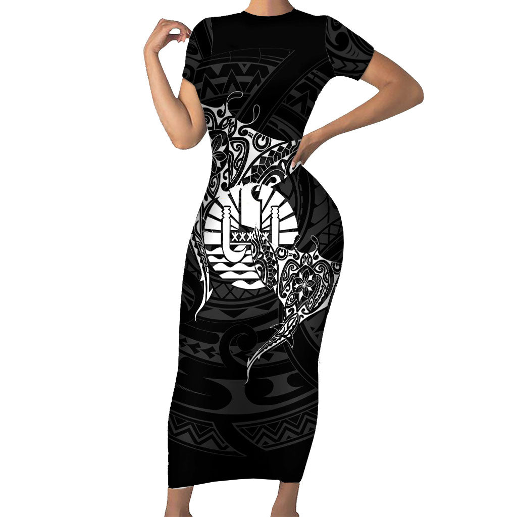 French Polynesia Manta Ray Tattoo Family Matching Short Sleeve Bodycon Dress and Hawaiian Shirt Tahiti Hahalua Turtle Shark Black Color LT14 Mom's Dress Black - Polynesian Pride