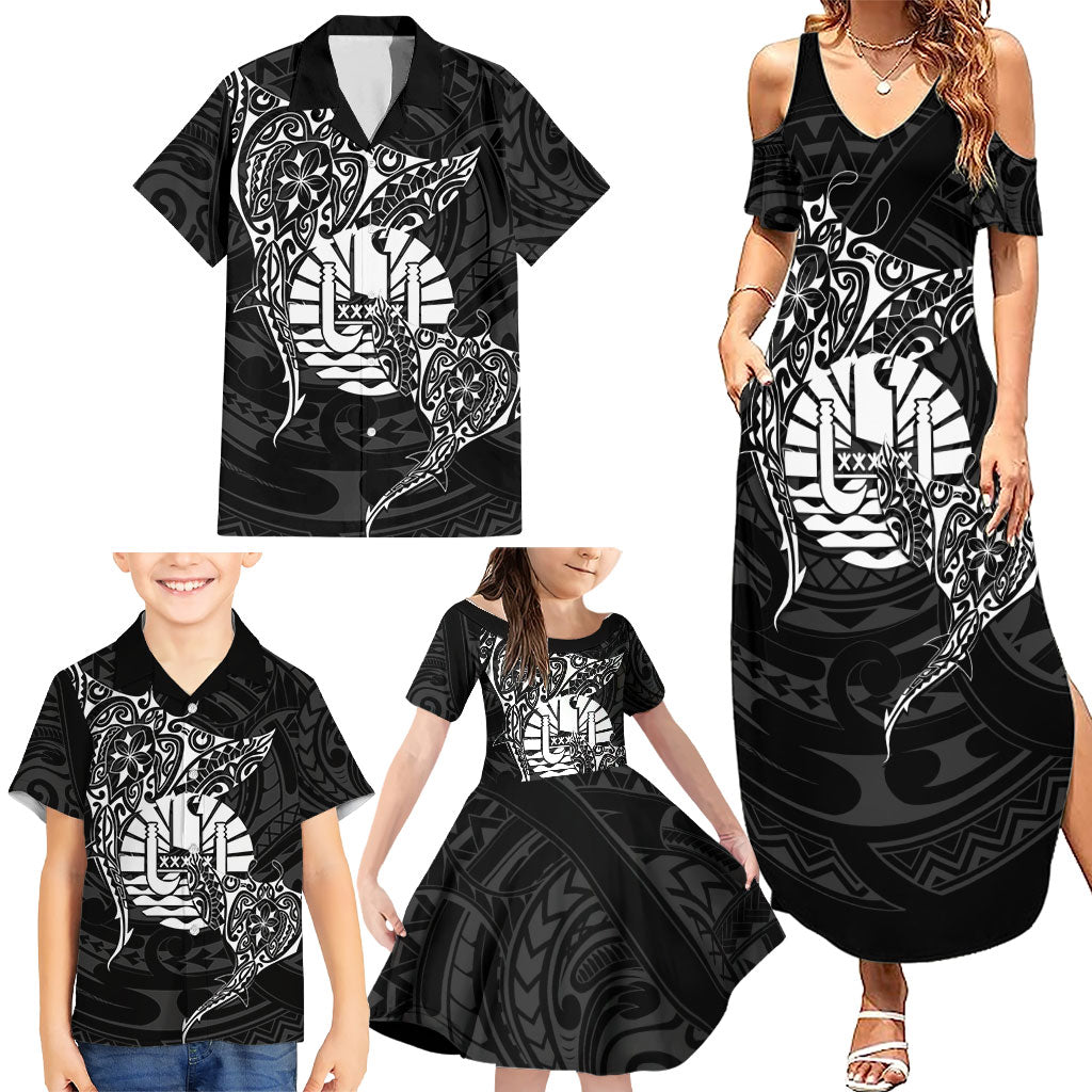 French Polynesia Manta Ray Tattoo Family Matching Summer Maxi Dress and Hawaiian Shirt Tahiti Hahalua Turtle Shark Black Color LT14 - Polynesian Pride