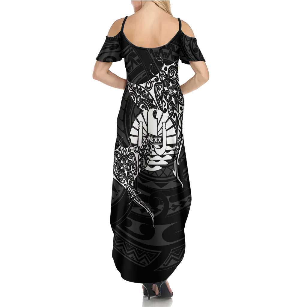 French Polynesia Manta Ray Tattoo Family Matching Summer Maxi Dress and Hawaiian Shirt Tahiti Hahalua Turtle Shark Black Color LT14 - Polynesian Pride