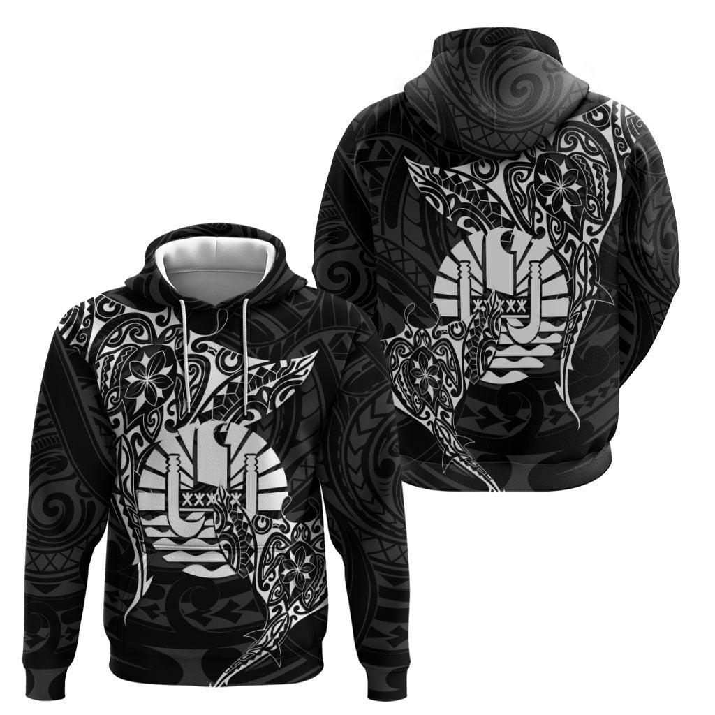 French Polynesia Manta Ray Tattoo Hoodie Tahiti Hahalua Turtle Shark Black Color