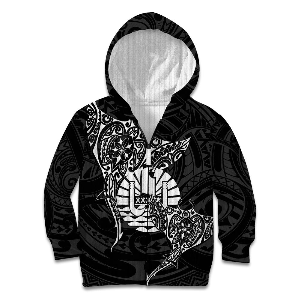 French Polynesia Manta Ray Tattoo Kid Hoodie Tahiti Hahalua Turtle Shark Black Color