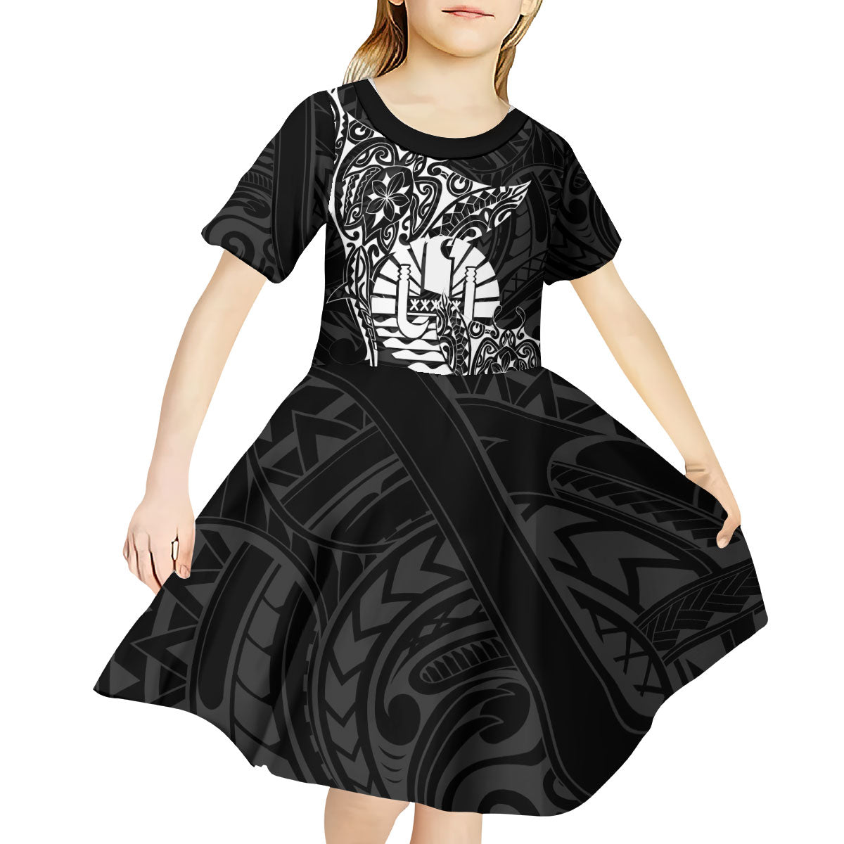 French Polynesia Manta Ray Tattoo Kid Short Sleeve Dress Tahiti Hahalua Turtle Shark Black Color