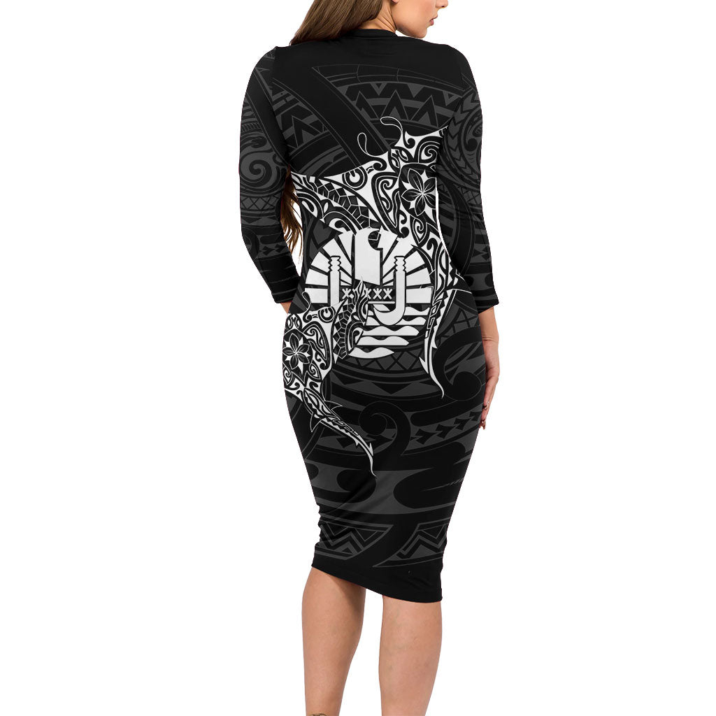 French Polynesia Manta Ray Tattoo Long Sleeve Bodycon Dress Tahiti Hahalua Turtle Shark Black Color