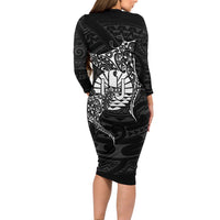 French Polynesia Manta Ray Tattoo Long Sleeve Bodycon Dress Tahiti Hahalua Turtle Shark Black Color