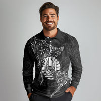 French Polynesia Manta Ray Tattoo Long Sleeve Polo Shirt Tahiti Hahalua Turtle Shark Black Color