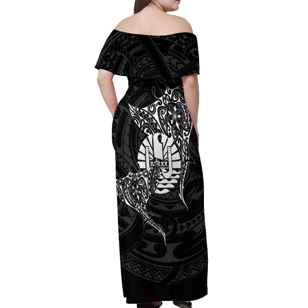 French Polynesia Manta Ray Tattoo Off Shoulder Maxi Dress Tahiti Hahalua Turtle Shark Black Color