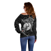French Polynesia Manta Ray Tattoo Off Shoulder Sweater Tahiti Hahalua Turtle Shark Black Color