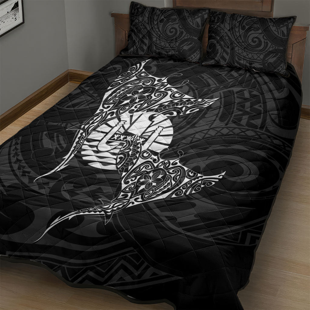 French Polynesia Manta Ray Tattoo Quilt Bed Set Tahiti Hahalua Turtle Shark Black Color