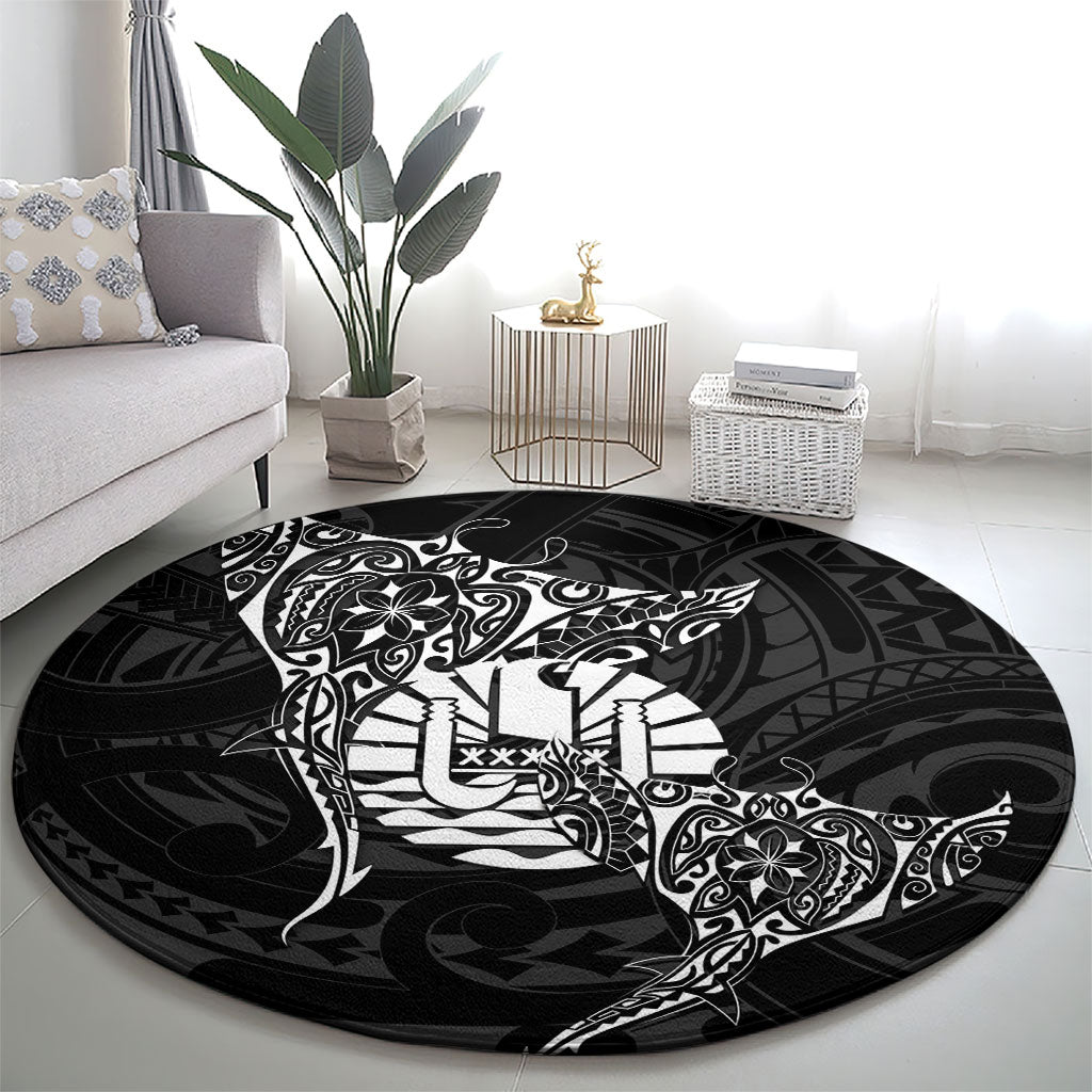 French Polynesia Manta Ray Tattoo Round Carpet Tahiti Hahalua Turtle Shark Black Color