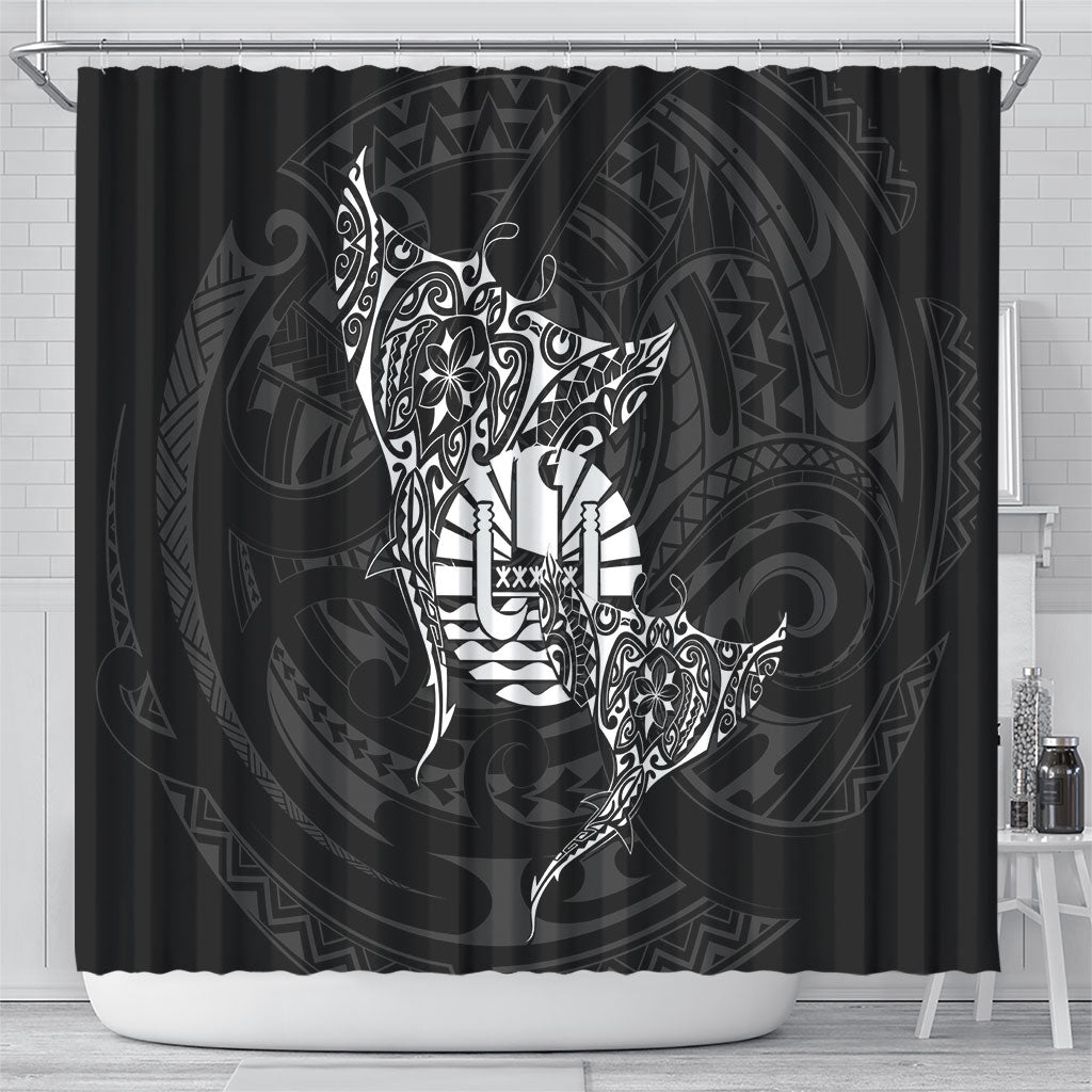 French Polynesia Manta Ray Tattoo Shower Curtain Tahiti Hahalua Turtle Shark Black Color