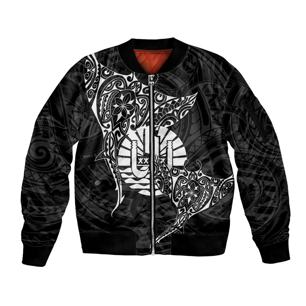 French Polynesia Manta Ray Tattoo Sleeve Zip Bomber Jacket Tahiti Hahalua Turtle Shark Black Color