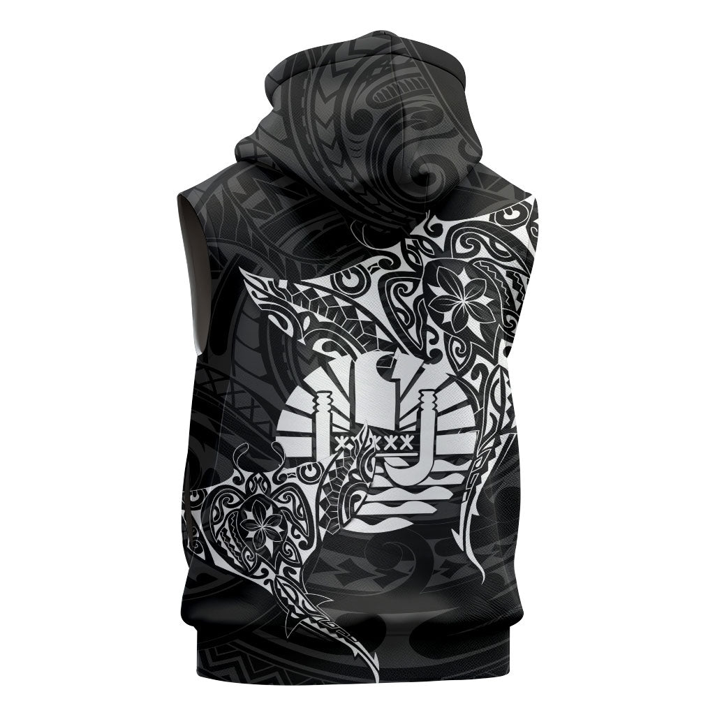 French Polynesia Manta Ray Tattoo Sleeveless Hoodie Tahiti Hahalua Turtle Shark Black Color