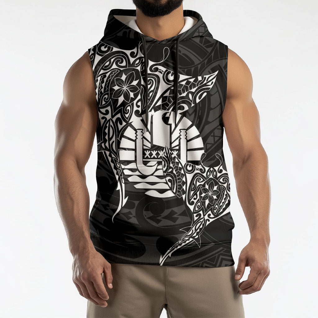 French Polynesia Manta Ray Tattoo Sleeveless Hoodie Tahiti Hahalua Turtle Shark Black Color