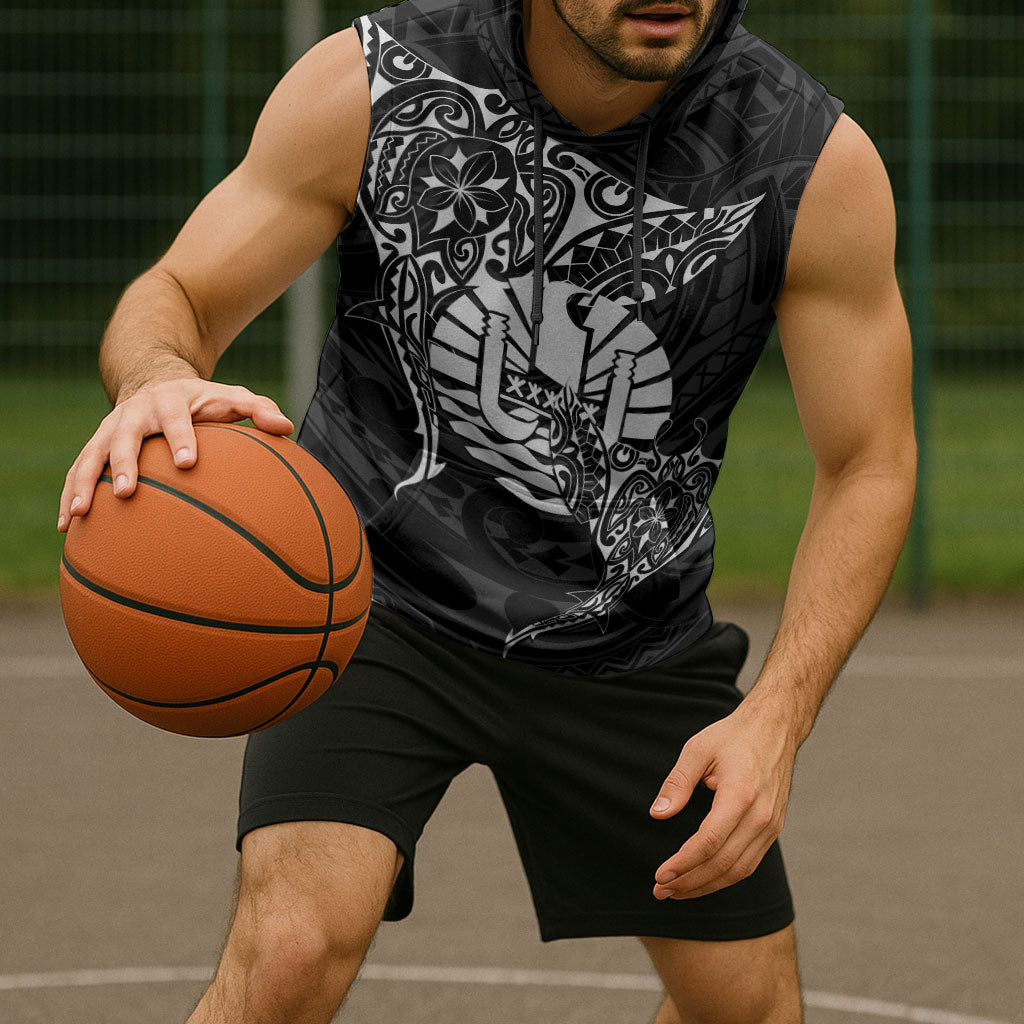 French Polynesia Manta Ray Tattoo Sleeveless Hoodie Tahiti Hahalua Turtle Shark Black Color