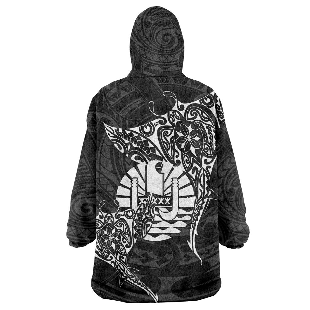 French Polynesia Manta Ray Tattoo Wearable Blanket Hoodie Tahiti Hahalua Turtle Shark Black Color