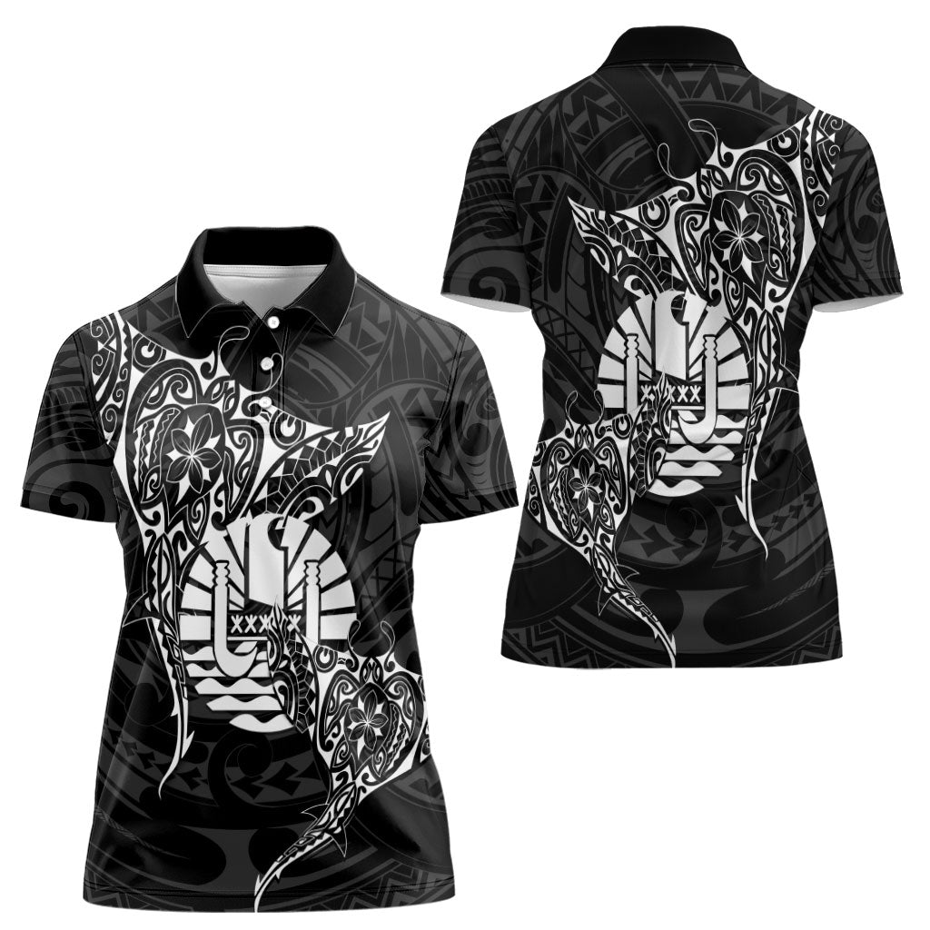 French Polynesia Manta Ray Tattoo Women Polo Shirt Tahiti Hahalua Turtle Shark Black Color