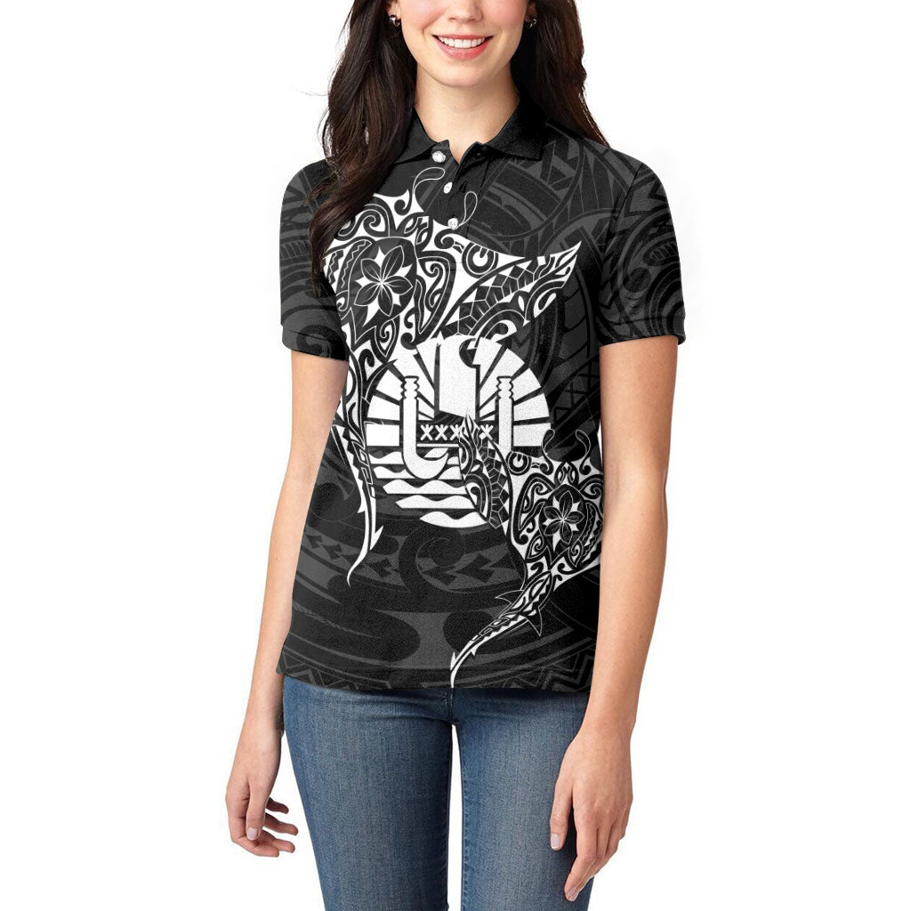 French Polynesia Manta Ray Tattoo Women Polo Shirt Tahiti Hahalua Turtle Shark Black Color