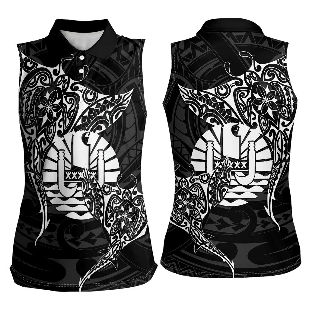 French Polynesia Manta Ray Tattoo Women Sleeveless Polo Shirt Tahiti Hahalua Turtle Shark Black Color LT14 - Polynesian Pride