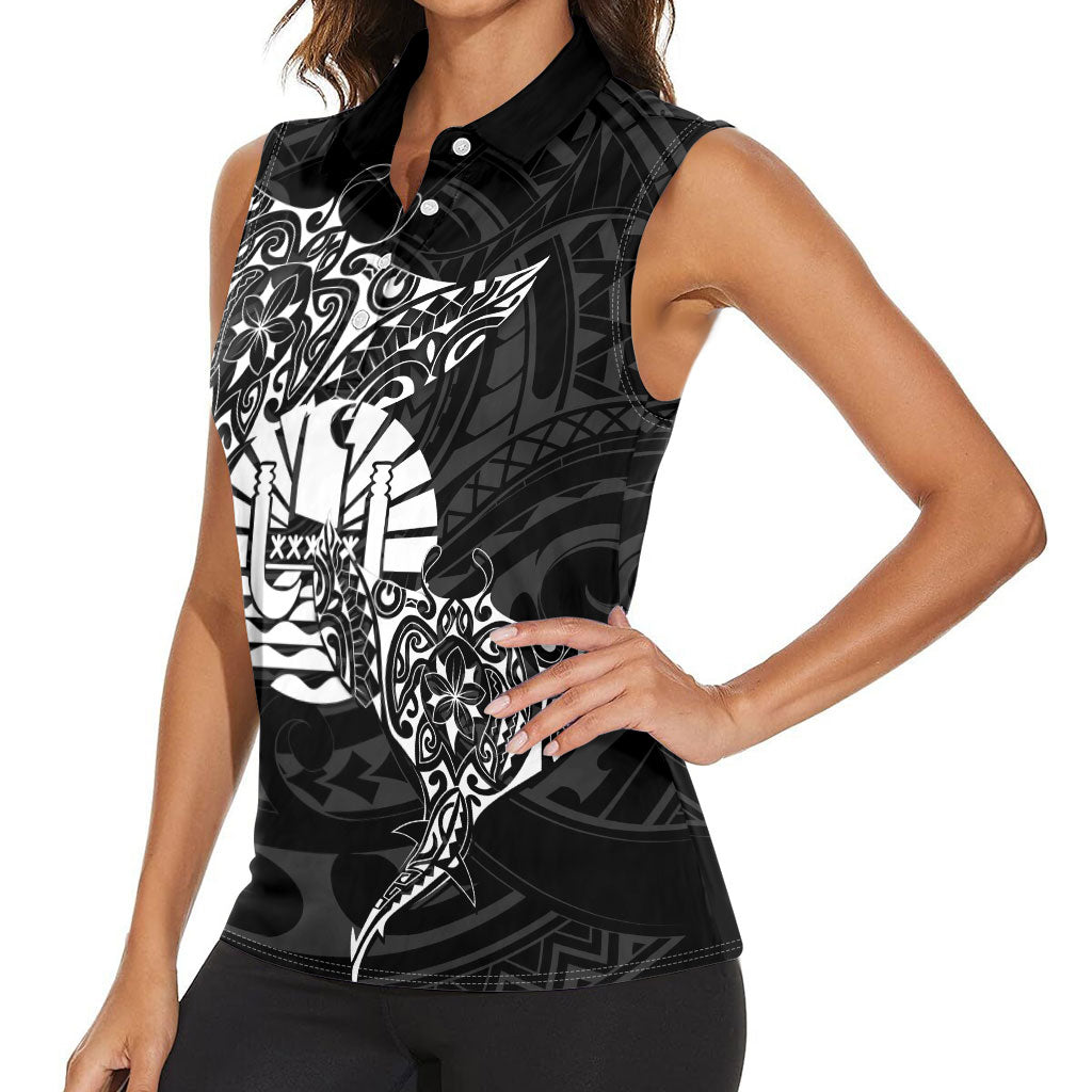 French Polynesia Manta Ray Tattoo Women Sleeveless Polo Shirt Tahiti Hahalua Turtle Shark Black Color LT14 - Polynesian Pride