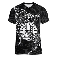 French Polynesia Manta Ray Tattoo Women V-Neck T-Shirt Tahiti Hahalua Turtle Shark Black Color