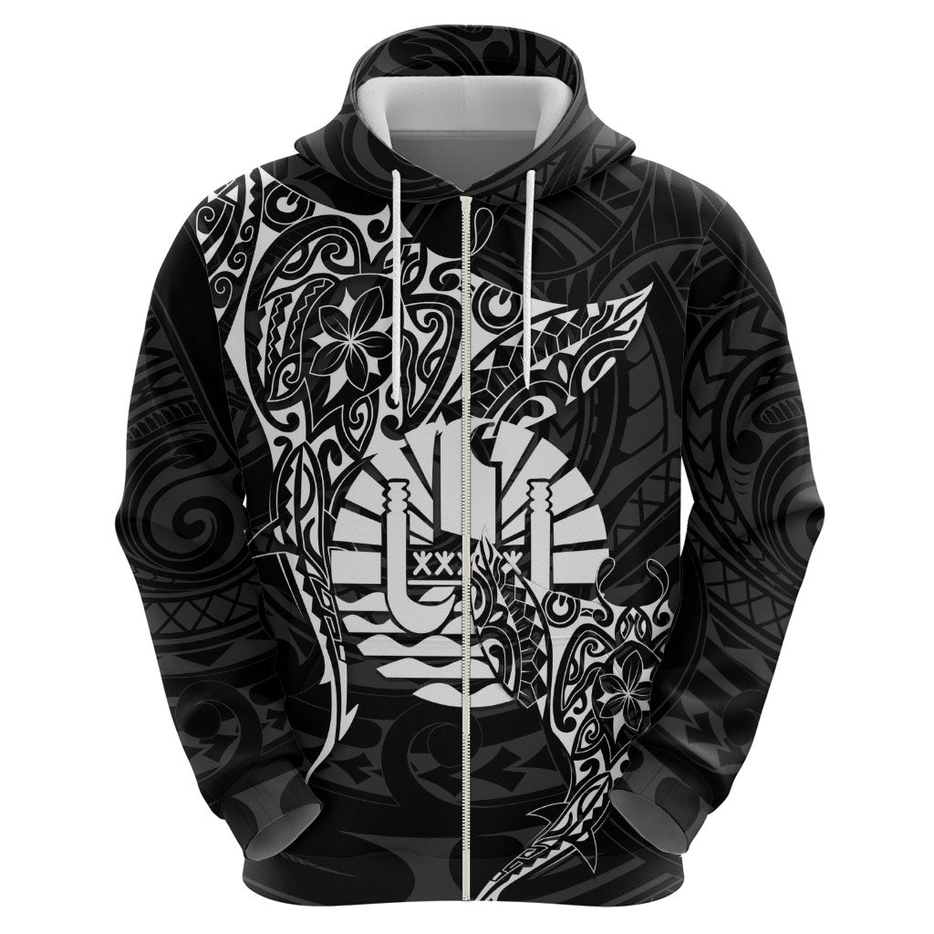 French Polynesia Manta Ray Tattoo Zip Hoodie Tahiti Hahalua Turtle Shark Black Color