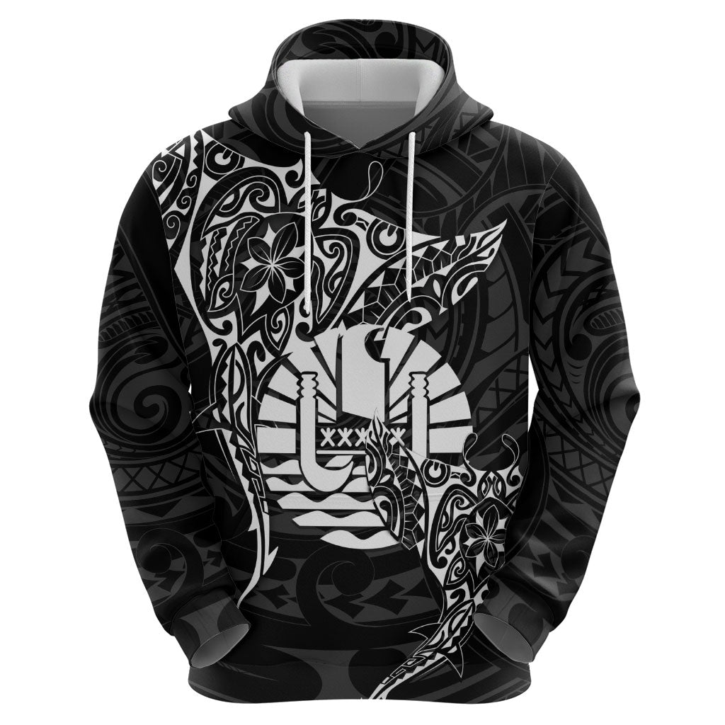 French Polynesia Manta Ray Tattoo Zip Hoodie Tahiti Hahalua Turtle Shark Black Color