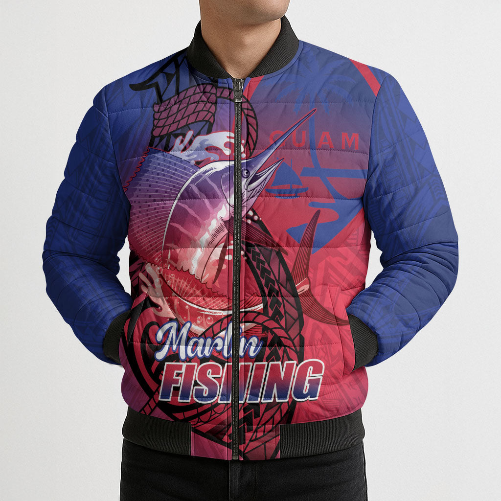 Guam Blue Marlin Fishing Bomber Puffer Jacket Guahan Fish Hook Tattoo