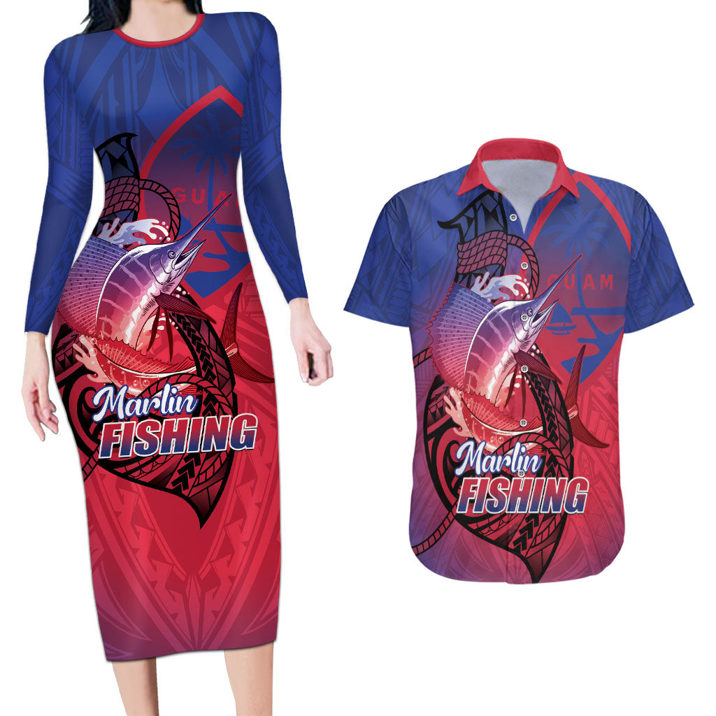 Guam Blue Marlin Fishing Couples Matching Long Sleeve Bodycon Dress and Hawaiian Shirt Guahan Fish Hook Tattoo LT14 Blue - Polynesian Pride