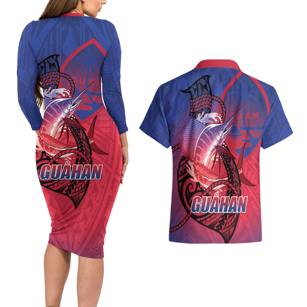 Guam Blue Marlin Fishing Couples Matching Long Sleeve Bodycon Dress and Hawaiian Shirt Guahan Fish Hook Tattoo LT14 - Polynesian Pride