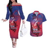 Guam Blue Marlin Fishing Couples Matching Off The Shoulder Long Sleeve Dress and Hawaiian Shirt Guahan Fish Hook Tattoo LT14 Blue - Polynesian Pride