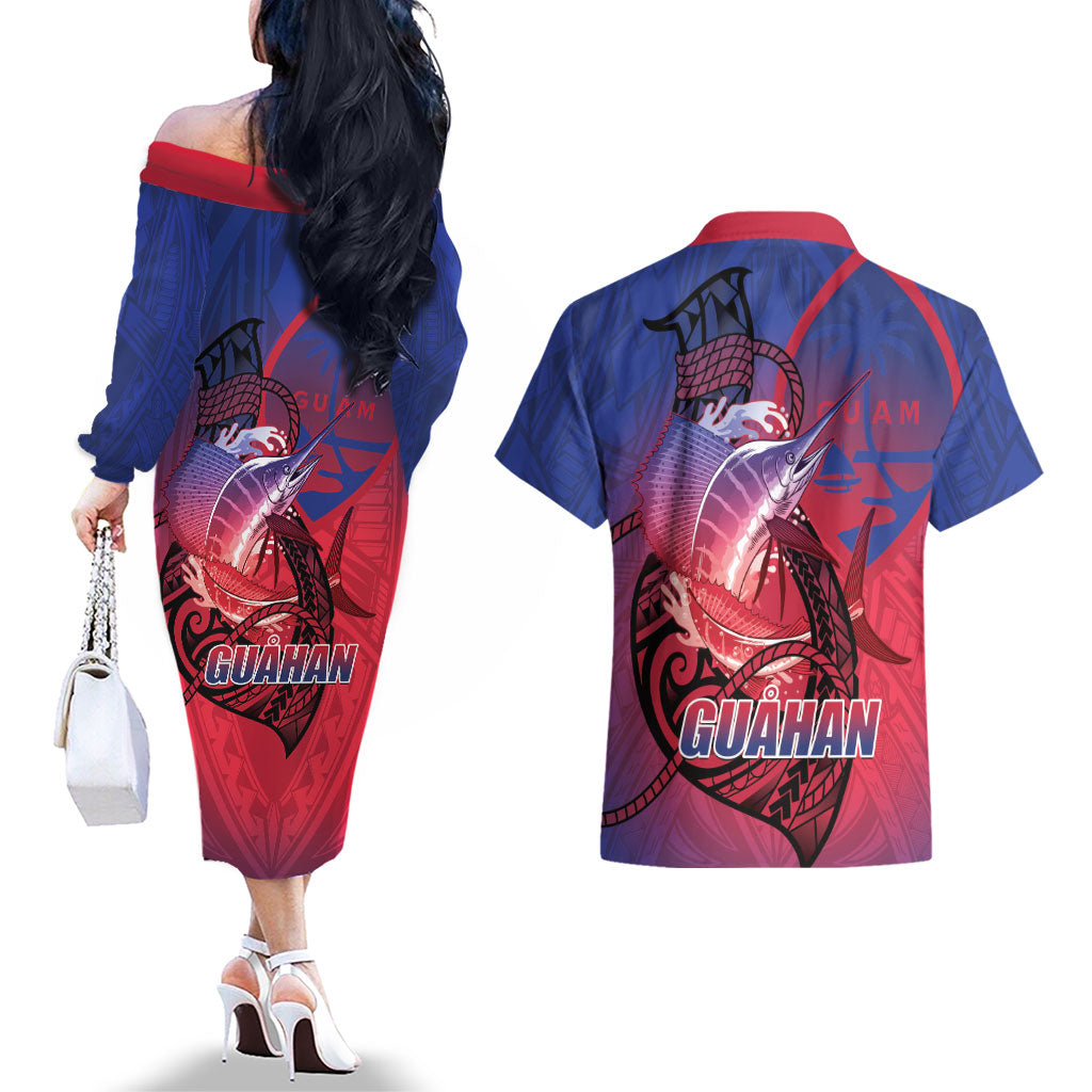 Guam Blue Marlin Fishing Couples Matching Off The Shoulder Long Sleeve Dress and Hawaiian Shirt Guahan Fish Hook Tattoo LT14 - Polynesian Pride