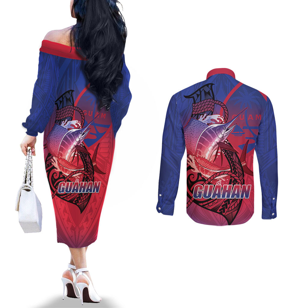 Guam Blue Marlin Fishing Couples Matching Off The Shoulder Long Sleeve Dress and Long Sleeve Button Shirt Guahan Fish Hook Tattoo