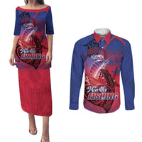 Guam Blue Marlin Fishing Couples Matching Puletasi and Long Sleeve Button Shirt Guahan Fish Hook Tattoo